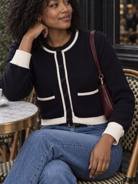 & Other Stories Black Cream Contrast Trim Button Cardigan S